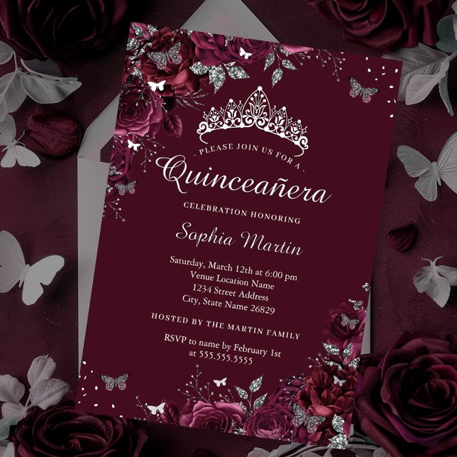 Silver Burgundy flower Quinceanera Foil Invitation (Creator Uploaded)