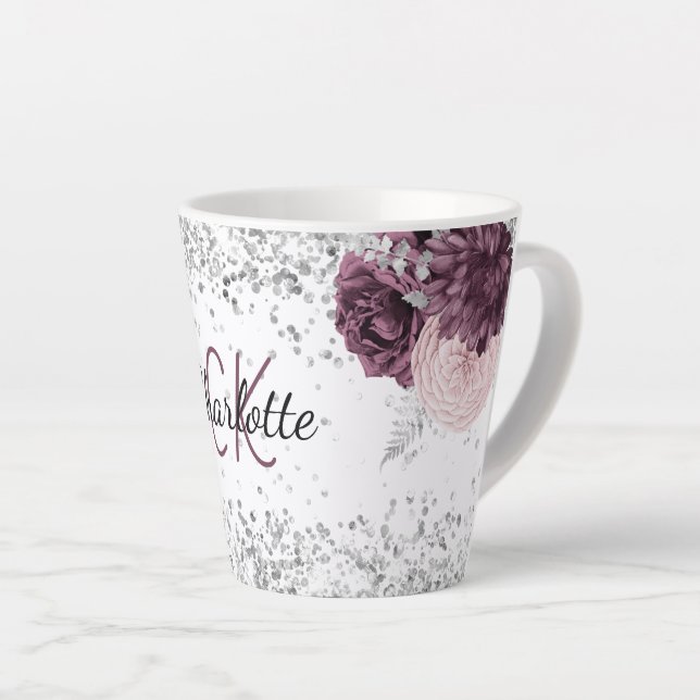 Silver burgundy flowers elegant monogram name latte mug (Right Angle)