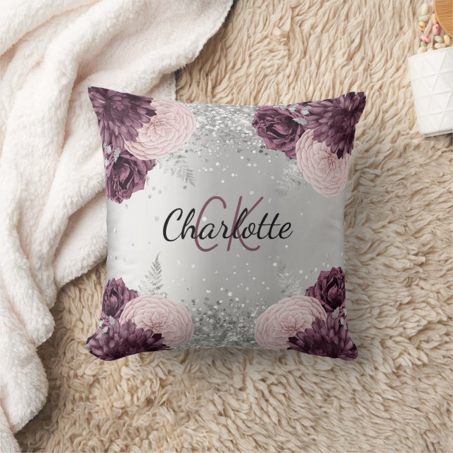 Silver burgundy flowers elegant monogram name throw pillow (Blanket)