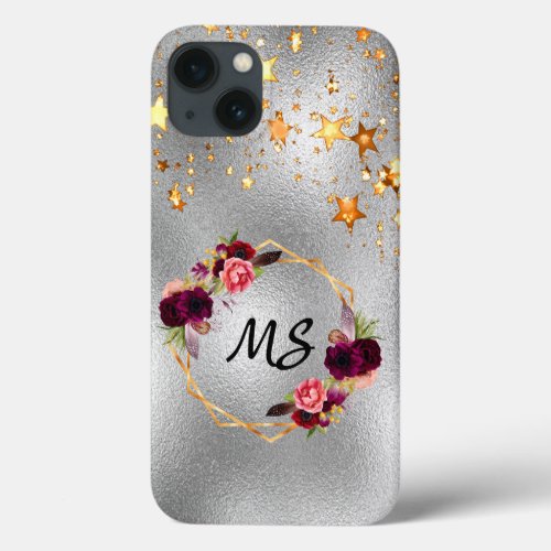 Silver burgundy flowers gold stars monogram iPhone 13 case