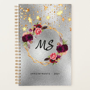 Silver burgundy flowers gold stars planner