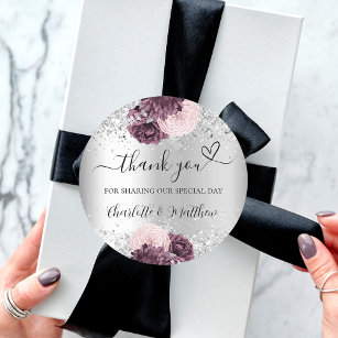 Silver burgundy flowers heart thank you wedding classic round sticker
