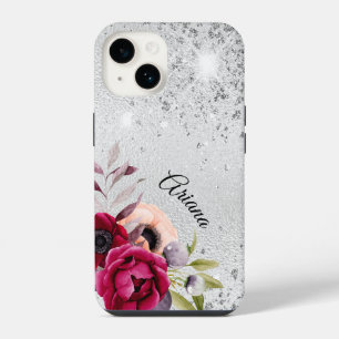 Silver Burgundy flowers name iPhone 14 Case