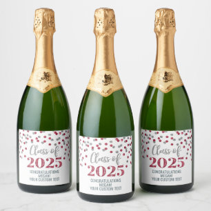 Silver Burgundy Glitter Class of 2025 Graduation Sparkling Wine Label