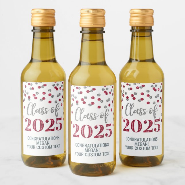 Silver Burgundy Glitter Class of 2025 Graduation Wine Label (Bottles)