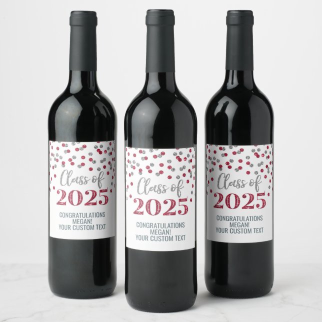 Silver Burgundy Glitter Class of 2025 Graduation Wine Label (Bottles)