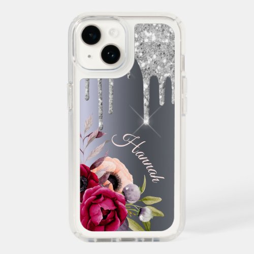 Silver burgundy glitter drips flowers name speck iPhone 14 case