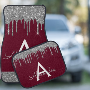 Silver Burgundy Glitter Sparkle Monogram Car Floor Mat