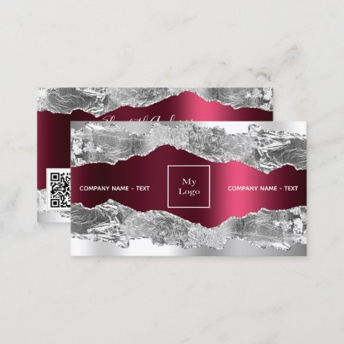 Silver burgundy metal agate marble logo QR code Business Card