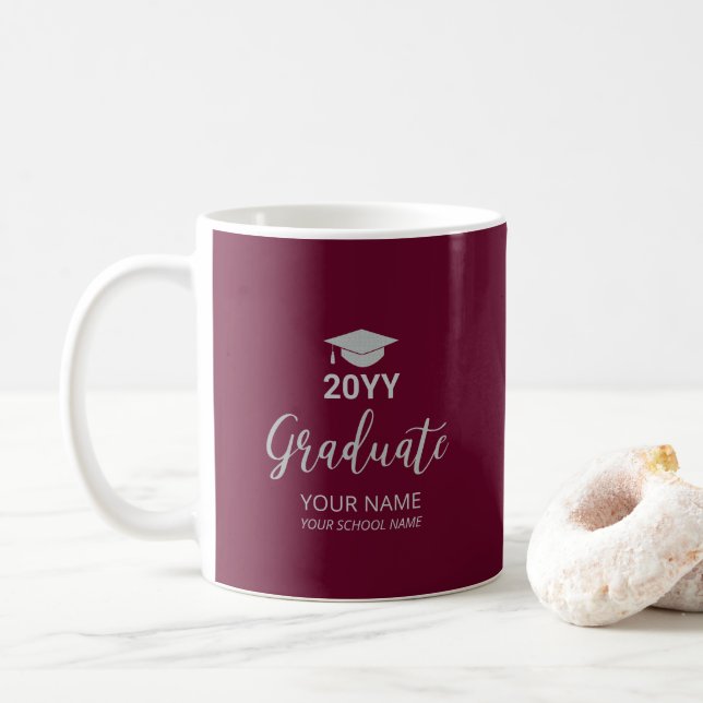 Silver & Burgundy Personalized Graduation Gifts Coffee Mug (With Donut)