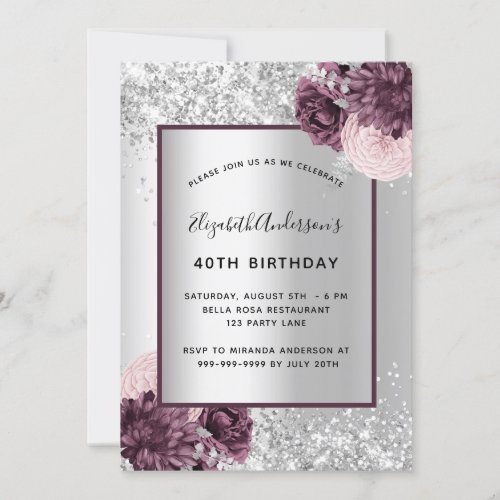 Silver burgundy pink floral elegant birthday invitation