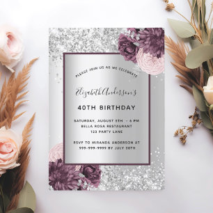 Silver burgundy pink floral elegant birthday invitation