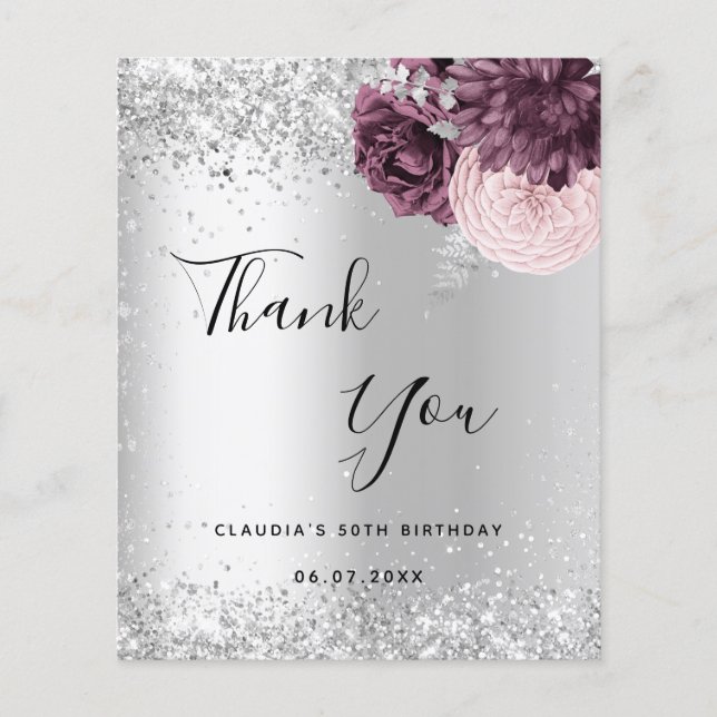 Silver burgundy pink floral thank you card (Front)