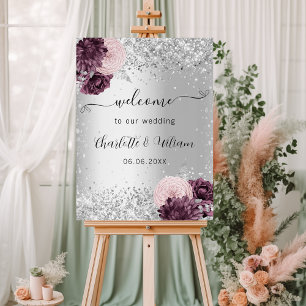 Silver burgundy pink flowers welcome wedding foam board