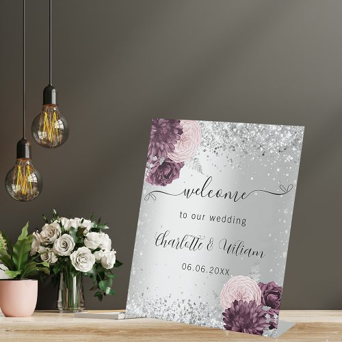 Silver burgundy pink flowers welcome wedding pedestal sign