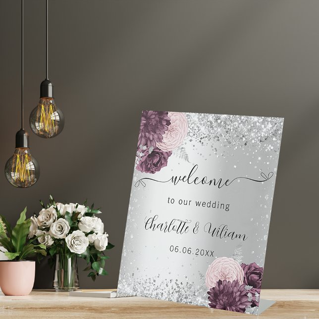 Silver burgundy pink flowers welcome wedding pedestal sign (Creator Uploaded)