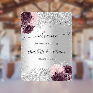 Silver burgundy pink flowers welcome wedding poster