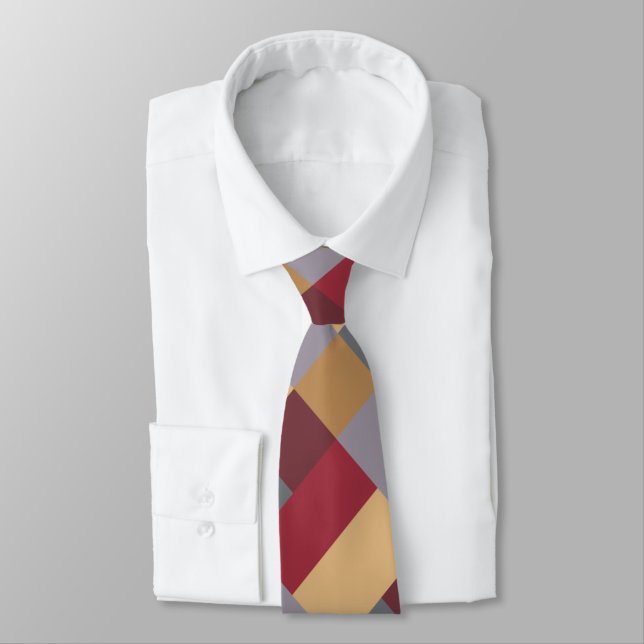 Silver Burgundy Red Cream Gray Color Block Neck Tie (Tied)