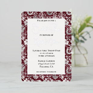 Silver Burgundy Red Floral Bridal Shower Foil Invitation