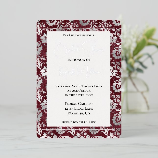 Silver Burgundy Red Floral Bridal Shower Foil Invitation (Standing Front)