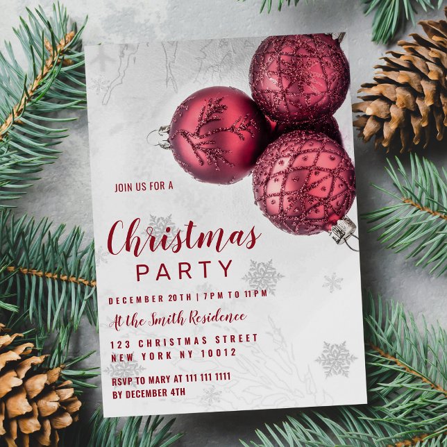 Silver burgundy red glitter christmas ornaments invitation (Silver burgundy red glitter christmas ornaments )