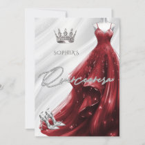 Silver Burgundy Red Sparkle Dress Quinceañera  Invitation