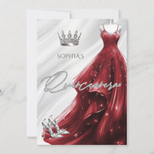 Silver Burgundy Red Sparkle Dress Quinceañera  Invitation