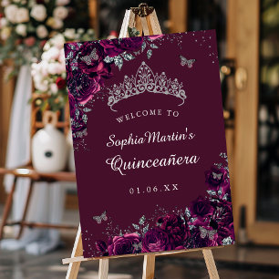 Silver Burgundy Rose Quinceanera Sign Welcome