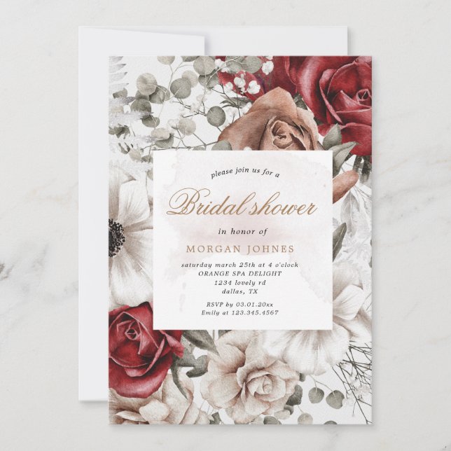 silver burgundy rustic floral bridal shower invite (Front)
