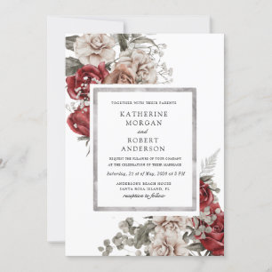 silver burgundy rustic floral Wedding Invitation