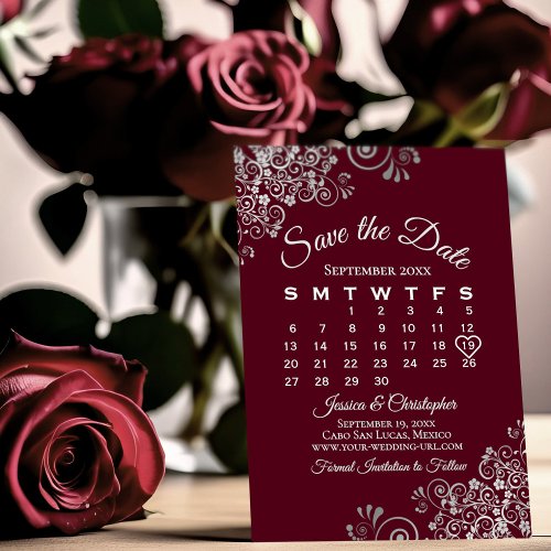 Silver  Burgundy Simple Elegant Wedding Calendar Save The Date