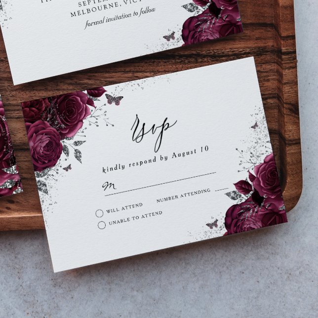 Silver Burgundy Sparkle Dress Rose RSVP Card (Creator Uploaded)