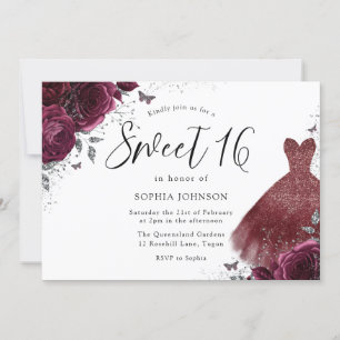 Silver Burgundy Sparkle Dress Rose Sweet 16 Invitation