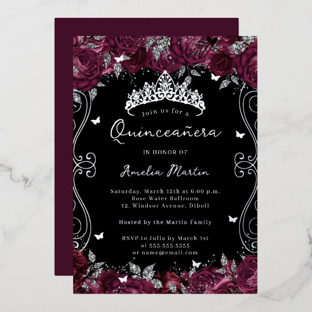 Silver Burgundy Swirl Scroll Floral Quinceanera  Foil Invitation (Front/Back)