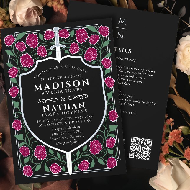 Silver Burgundy Sword Shield Fantasy QR Wedding Invitation (Creator Uploaded)