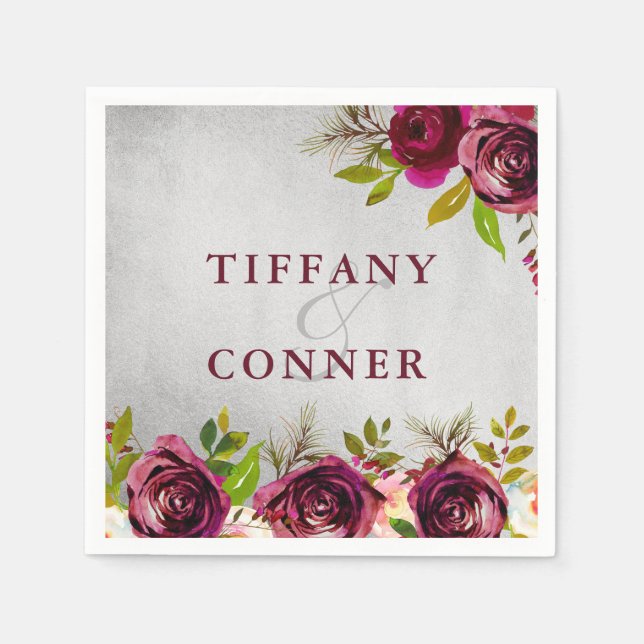 Silver Burgundy Wedding Engagement Anniversary Paper Napkins (Front)