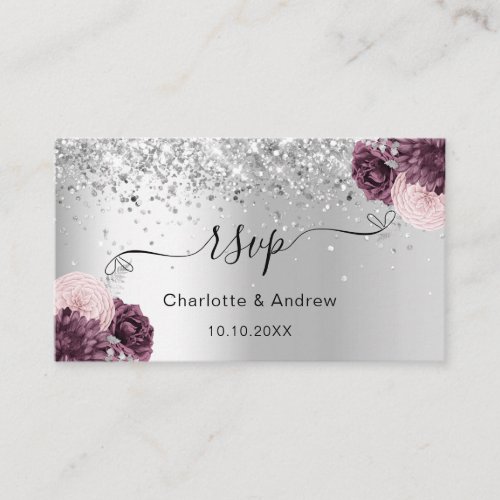 Silver burgundy wedding website RSVP QR code Enclosure Card