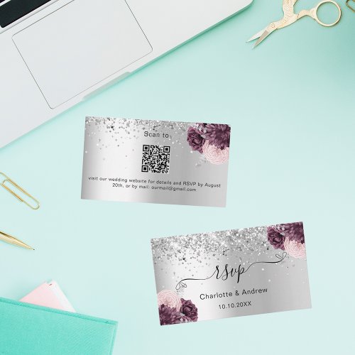 Silver burgundy wedding website RSVP QR code Enclosure Card