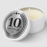 Silver Business 10th Anniversary Gift For Clients Mini Candle Favors<br><div class="desc">A set of mini candles for employees and clients,  to celebrate the 10th anniversary of your business. Commemorative design personalized with your company logo,  with a faux silver metal background,  a laurel branch,  and stars. The logo can be changed to text by clicking the button to edit the design.</div>