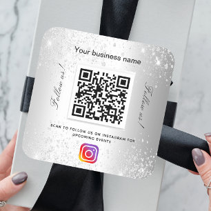Silver business glitter name qr code instagram square sticker