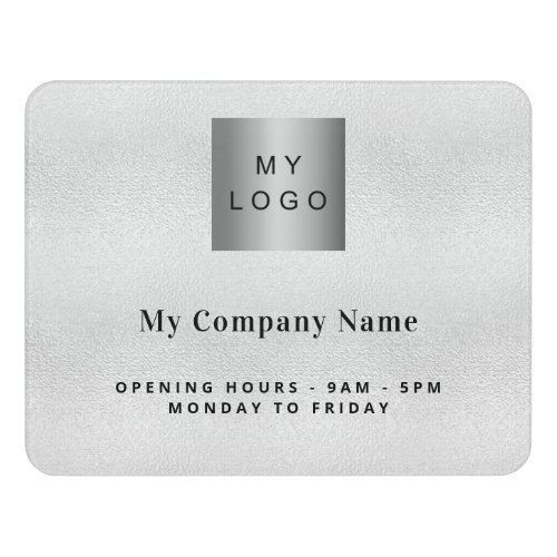 Silver business logo name opening hours door sign