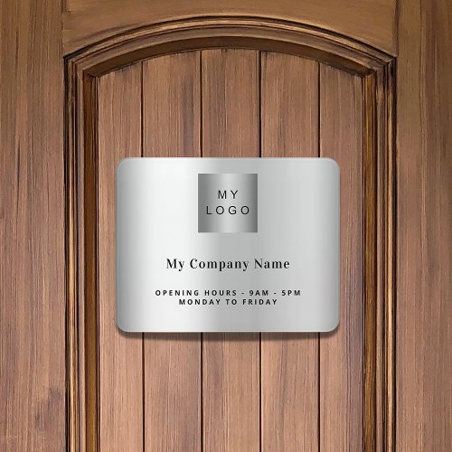 Silver business logo name opening hours door sign