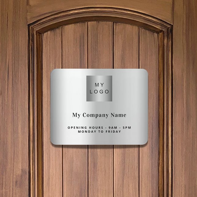 Silver business logo name opening hours door sign (Creator Uploaded)