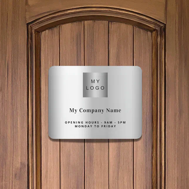 Silver business logo name opening hours door sign Zazzle