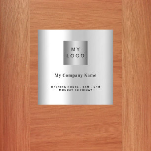 Silver business logo name opening hours door sign wall decal