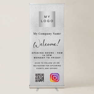 Silver business logo opening hours QR Instagram Retractable Banner