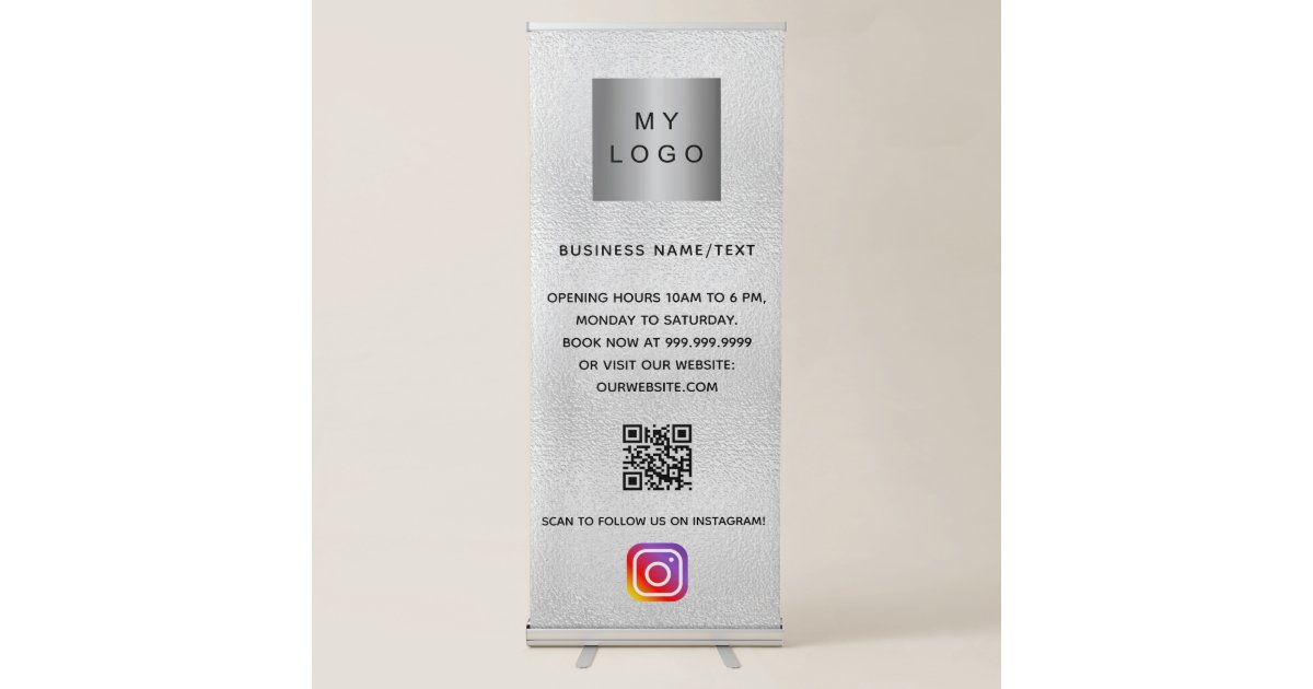 Silver Qr Code Logo Silver business logo qr code instagram retractable banner | Zazzle