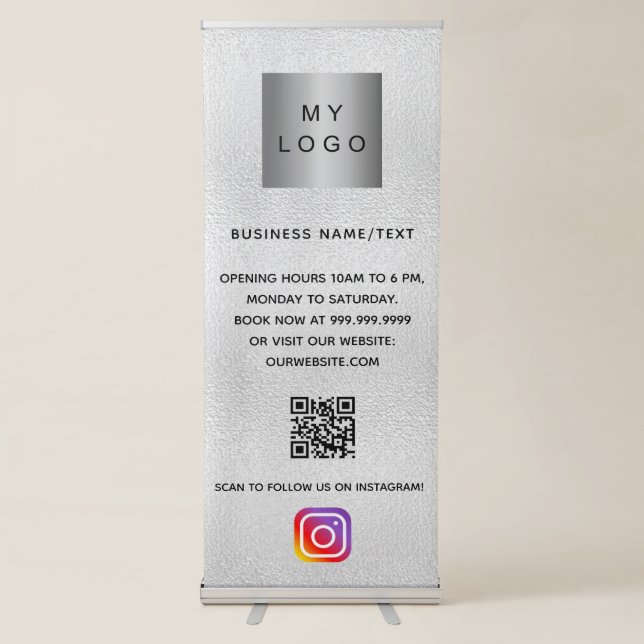 Silver business logo qr code instagram retractable banner (Front)