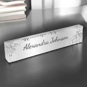 Silver Business Professional Sparkle Glitter Girly Desk Name Plate