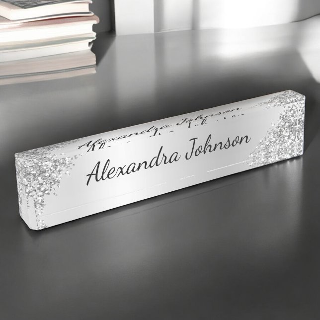 Silver Business Professional Sparkle Glitter Girly Desk Name Plate (Creator Uploaded)